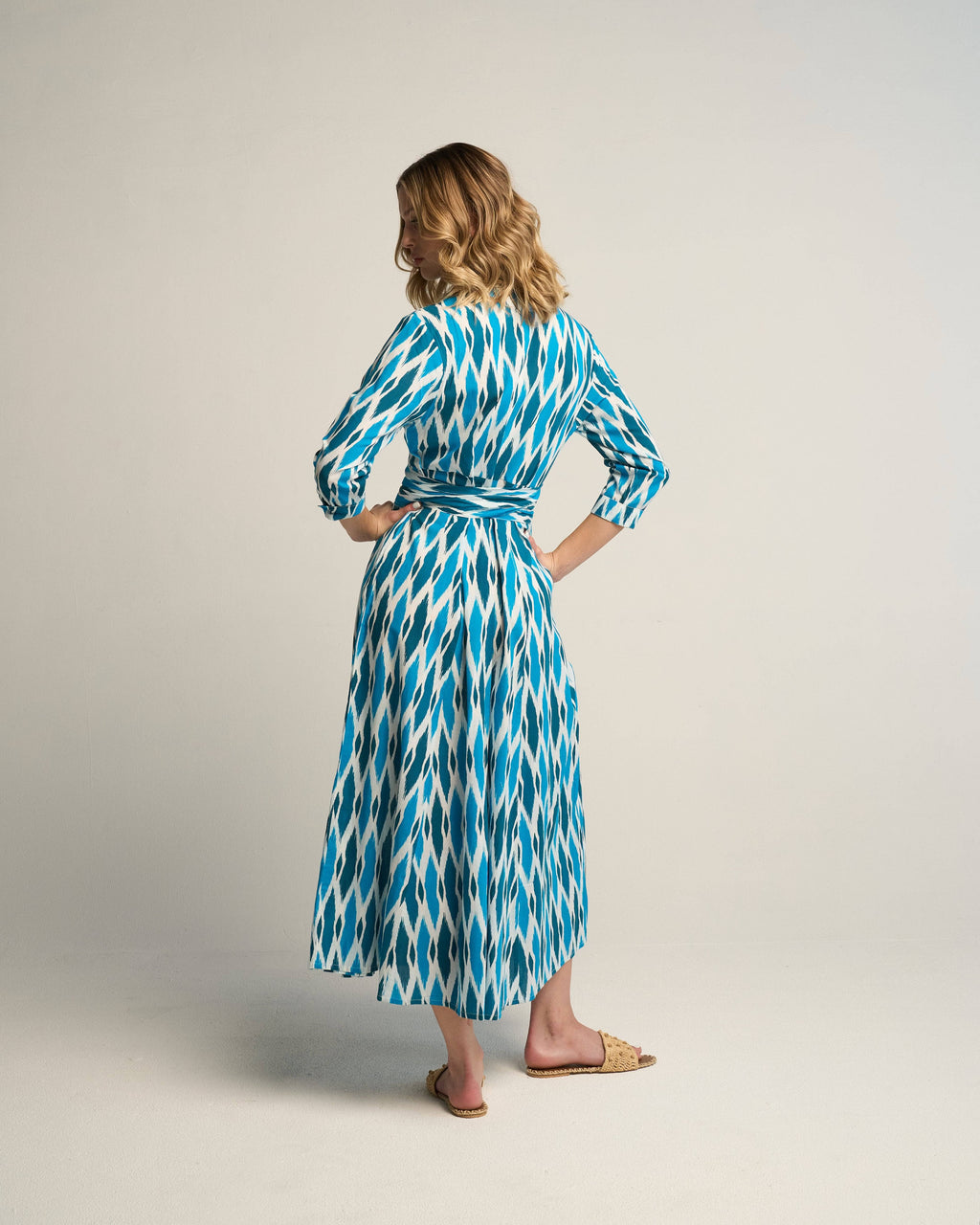 Luciana Ikat Multi Cyan Cotton Midi Shirt Dress with Sash