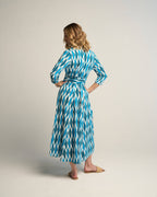 Luciana Ikat Multi Cyan Cotton Midi Shirt Dress with Sash