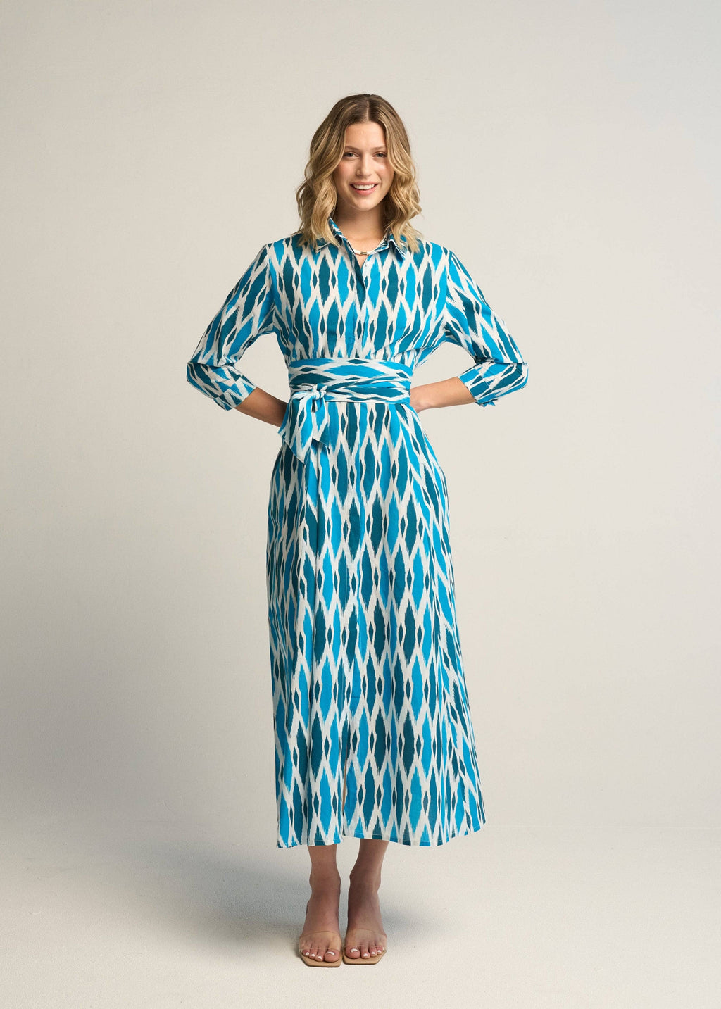 Luciana Ikat Multi Cyan Cotton Midi Shirt Dress with Sash