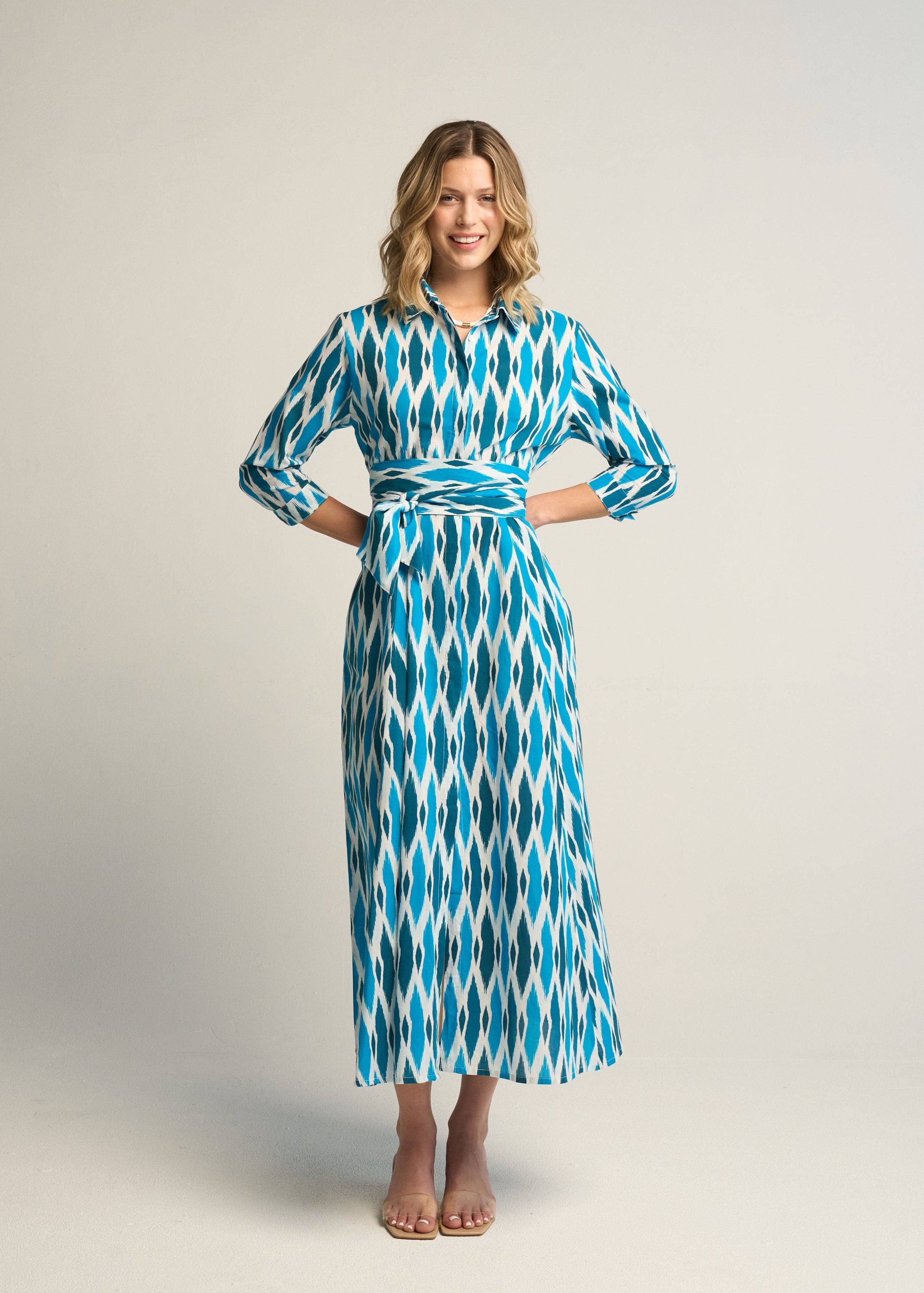 Luciana Ikat Multi Cyan Cotton Midi Shirt Dress with Sash
