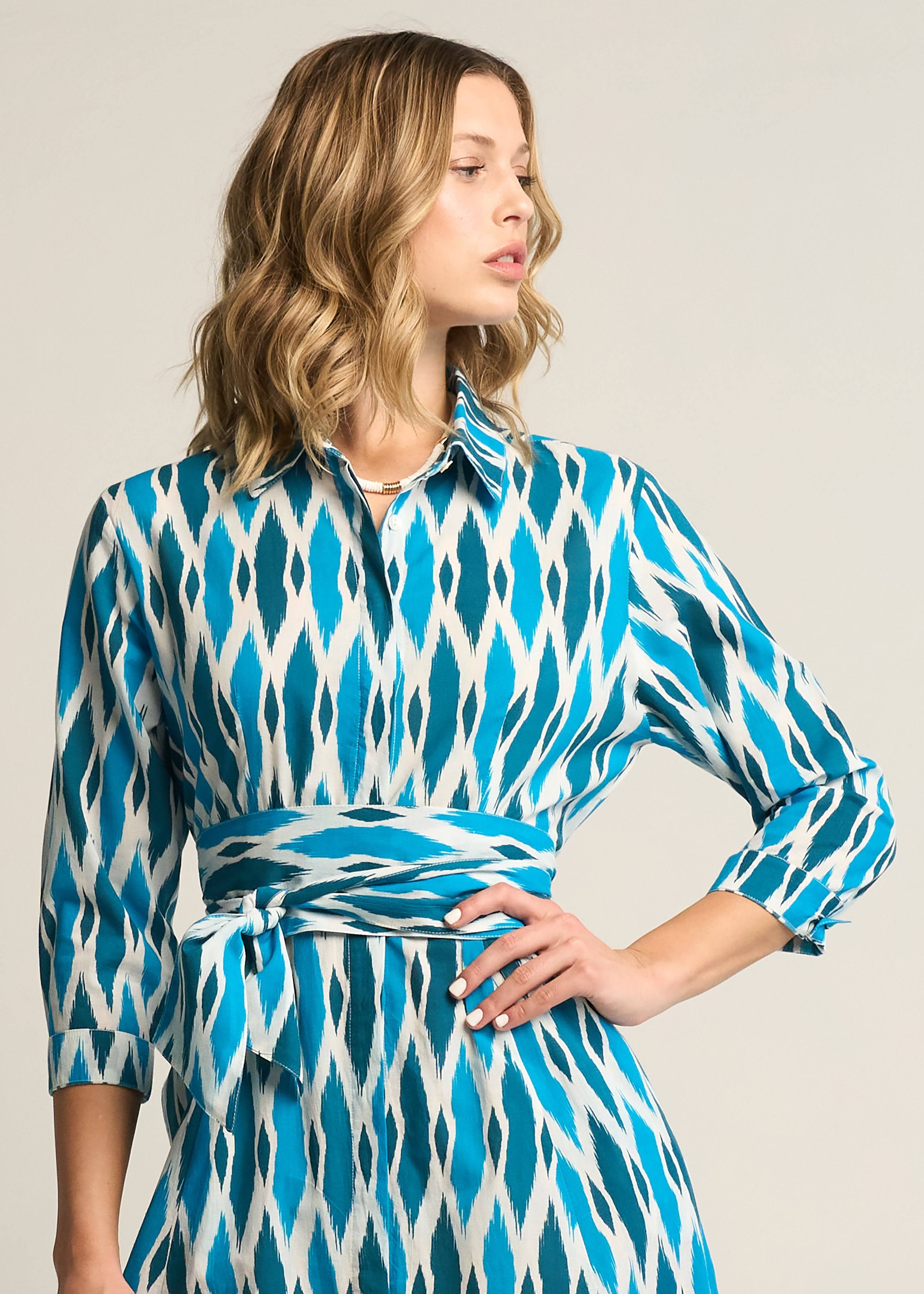 Luciana Ikat Multi Cyan Cotton Midi Shirt Dress with Sash