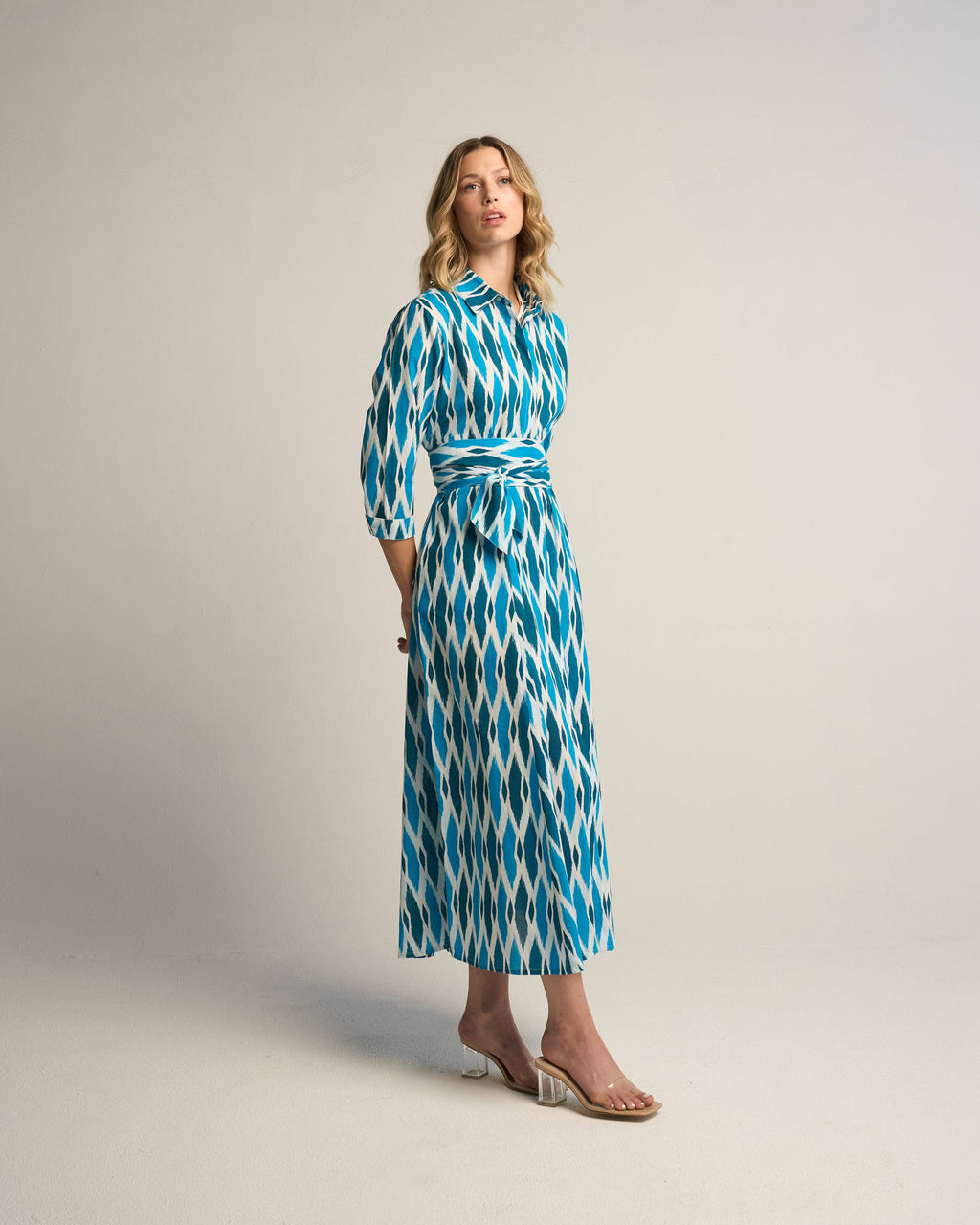 Luciana Ikat Multi Cyan Cotton Midi Shirt Dress with Sash