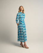 Luciana Ikat Multi Cyan Cotton Midi Shirt Dress with Sash