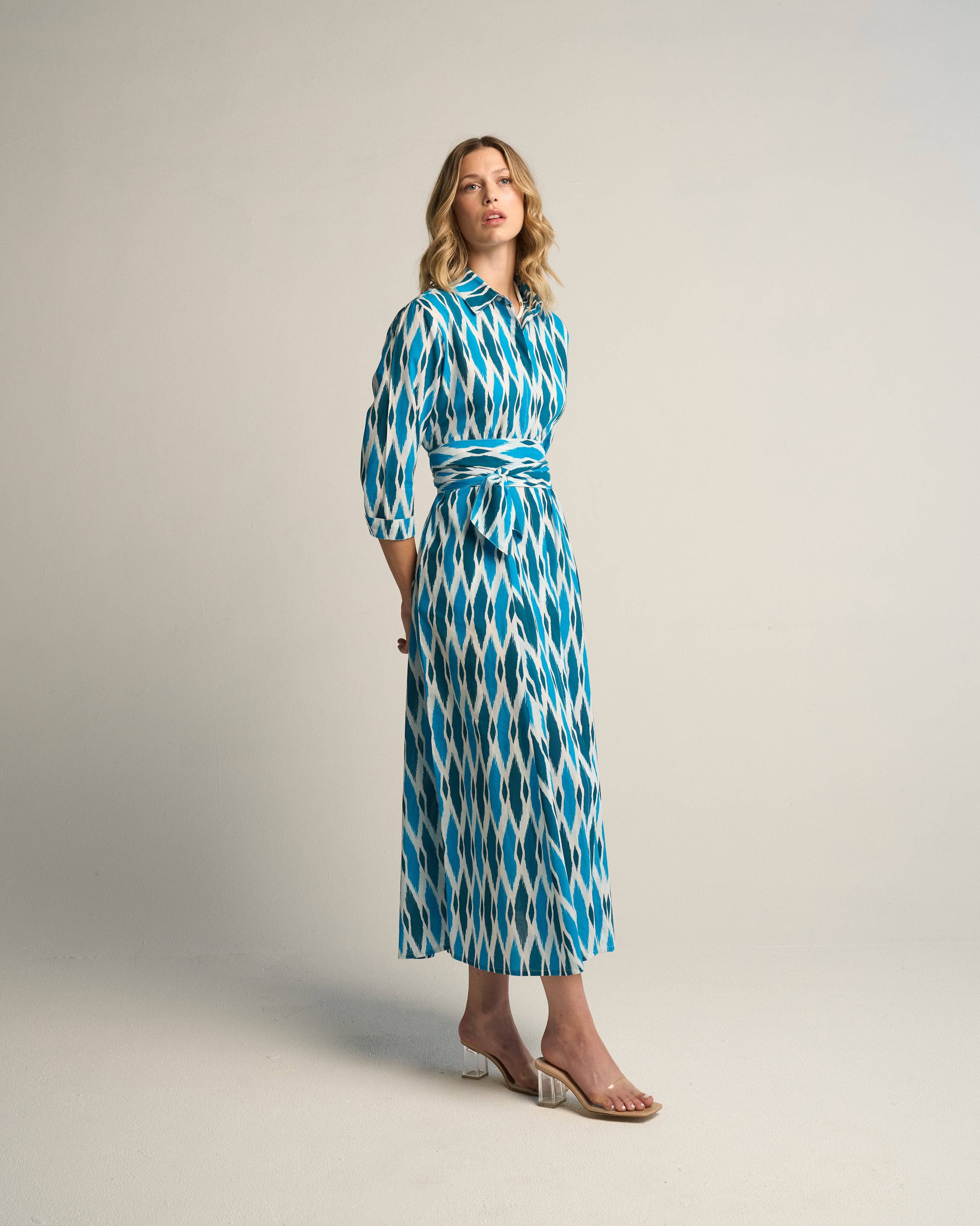 Luciana Ikat Multi Cyan Cotton Midi Shirt Dress with Sash