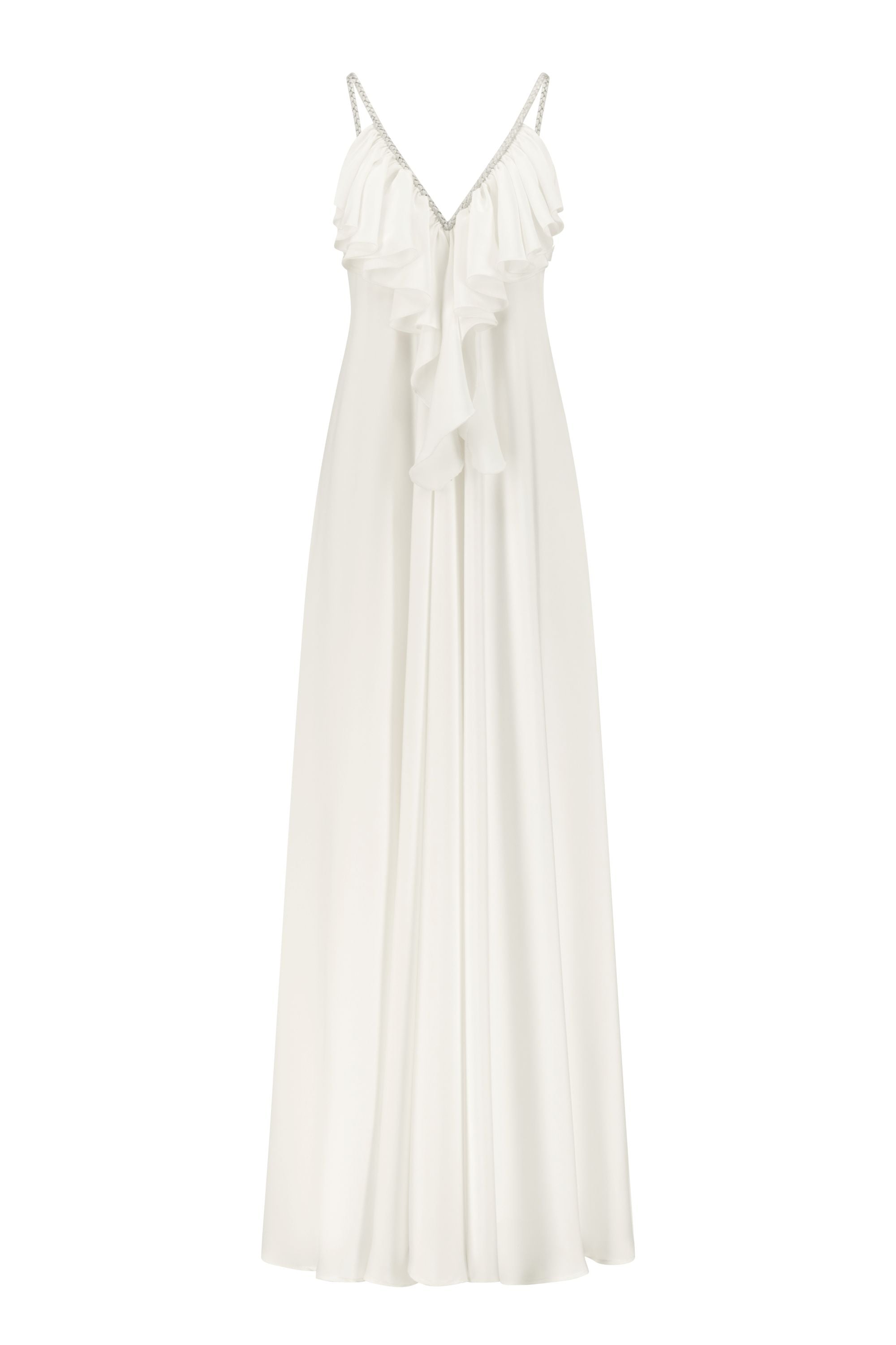 Belyed Marie White Maxi Dress with Ruffle V-Neck and Open Back