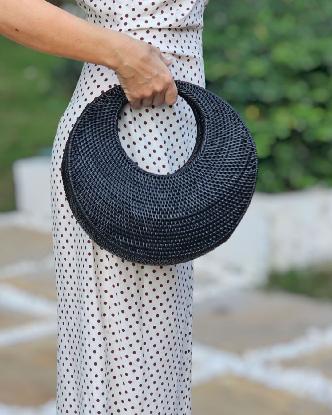 Maxine Rattan Beach Bag Black Handwoven Round Summer Handbag