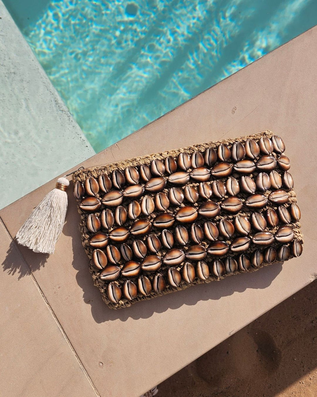 Celeste Raffia Large Cowrie Shell Clutch Brown Handwoven Summer Accessory