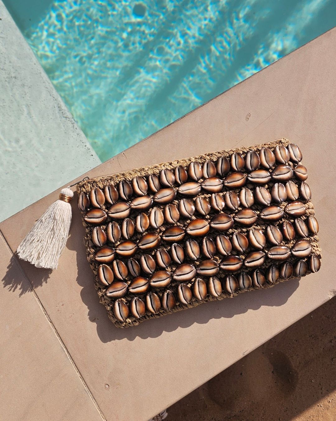 Celeste Raffia Large Cowrie Shell Clutch Brown Handwoven Summer Accessory