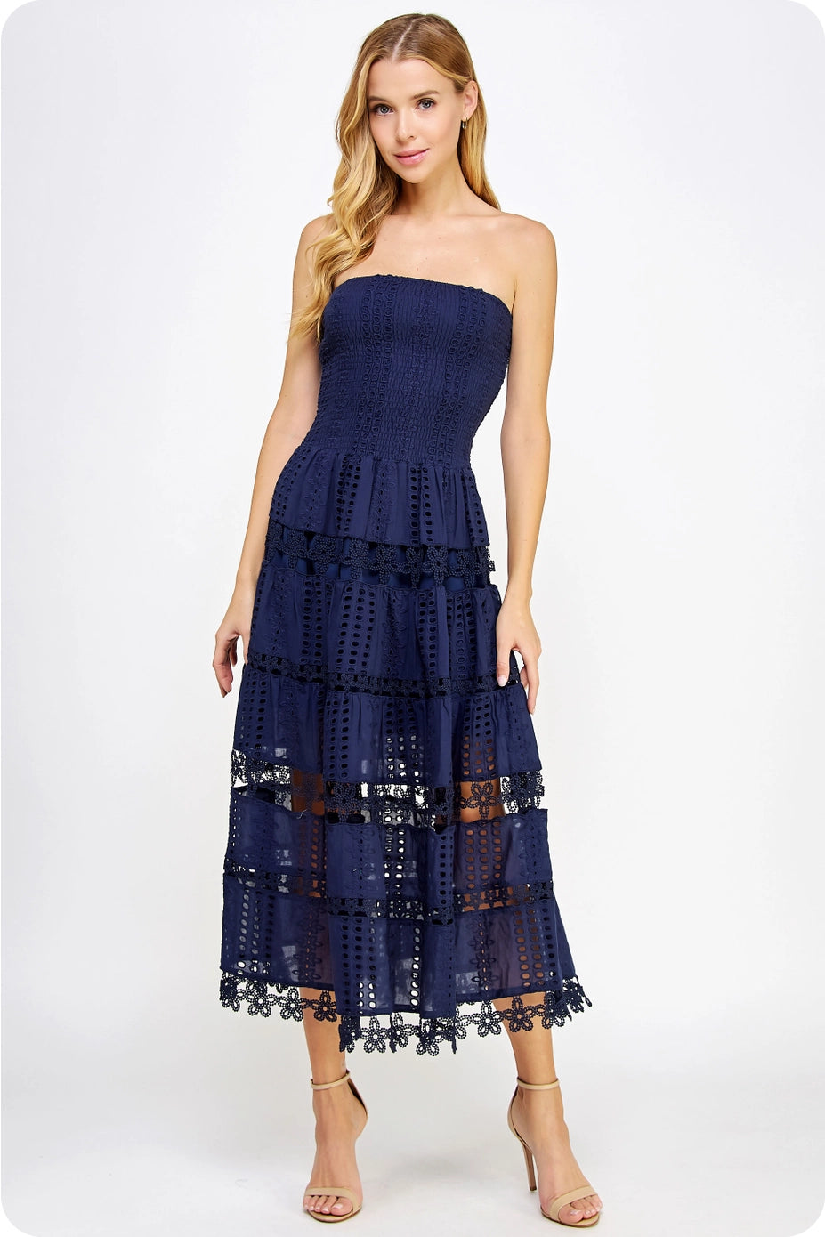 Elegant Eyelet Lace Strapless Midi Dress - Smocked Bodice, Cotton Crochet Trim