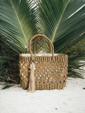 Handwoven Balinese Straw Tassel Tote with Satin Lining and Drawstring