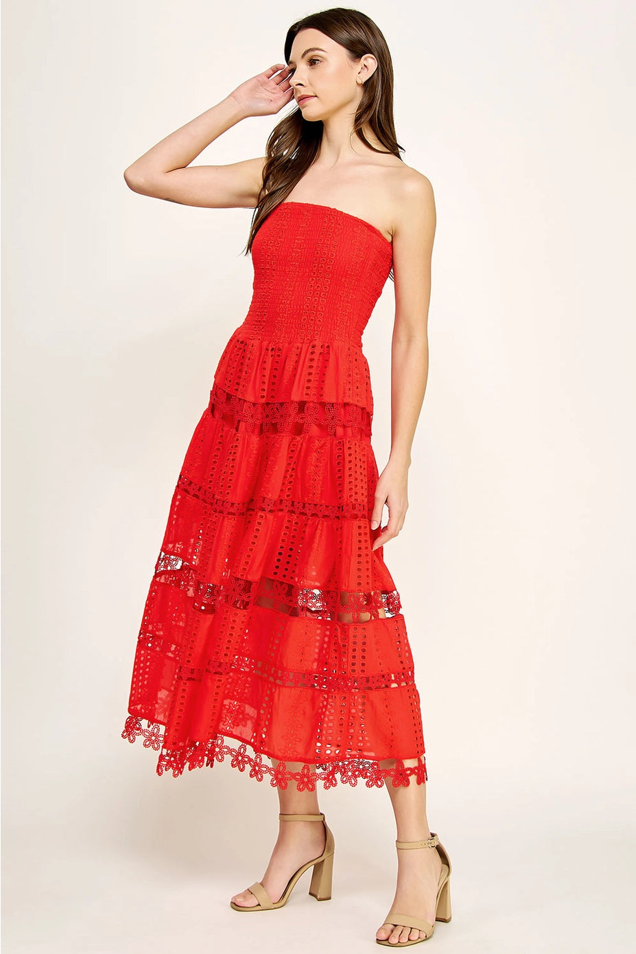 Elegant Eyelet Lace Strapless Midi Dress - Smocked Bodice, Cotton Crochet Trim