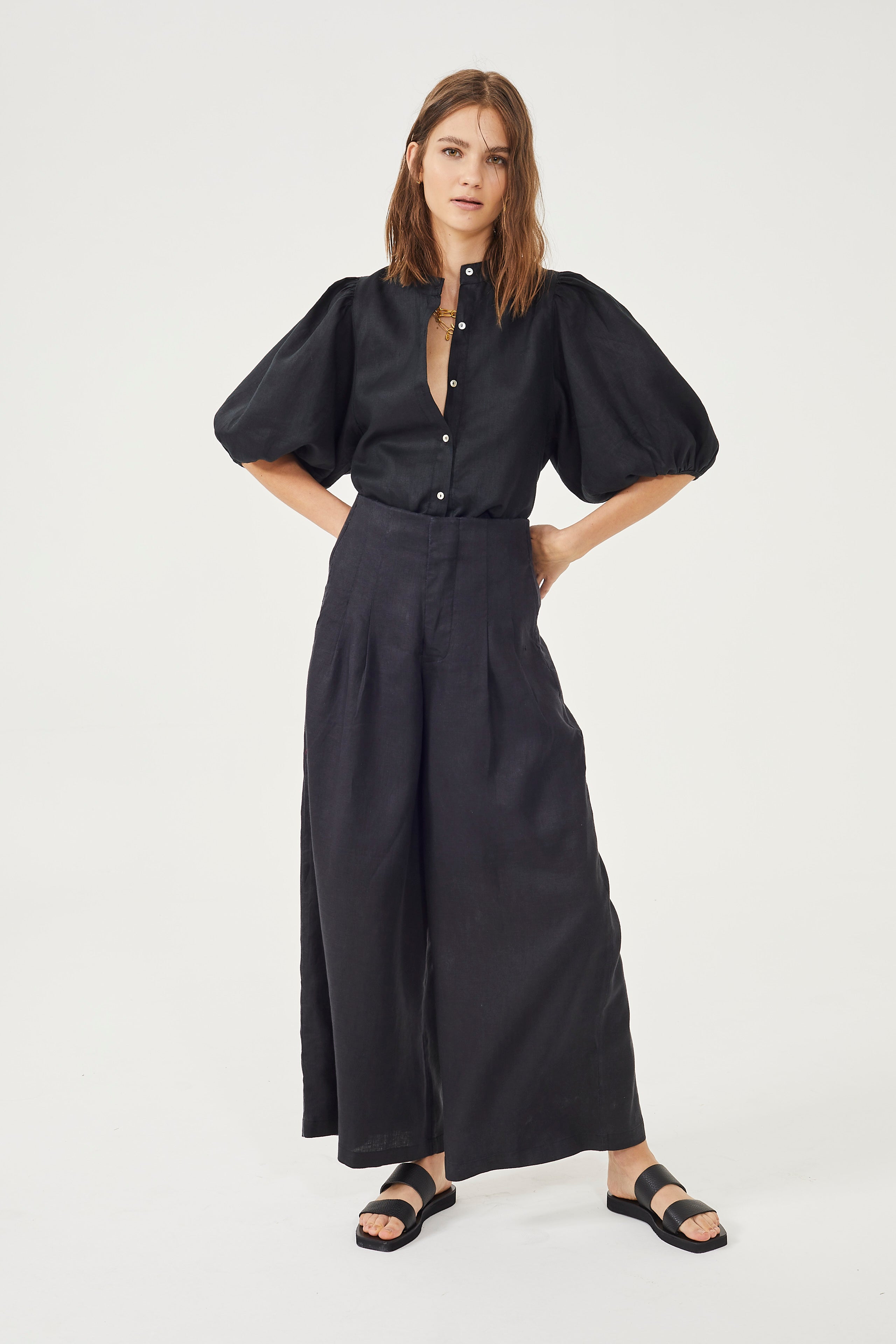 Culotte Linen Pants Black High-Waisted 100% Organic Linen Wide-Leg