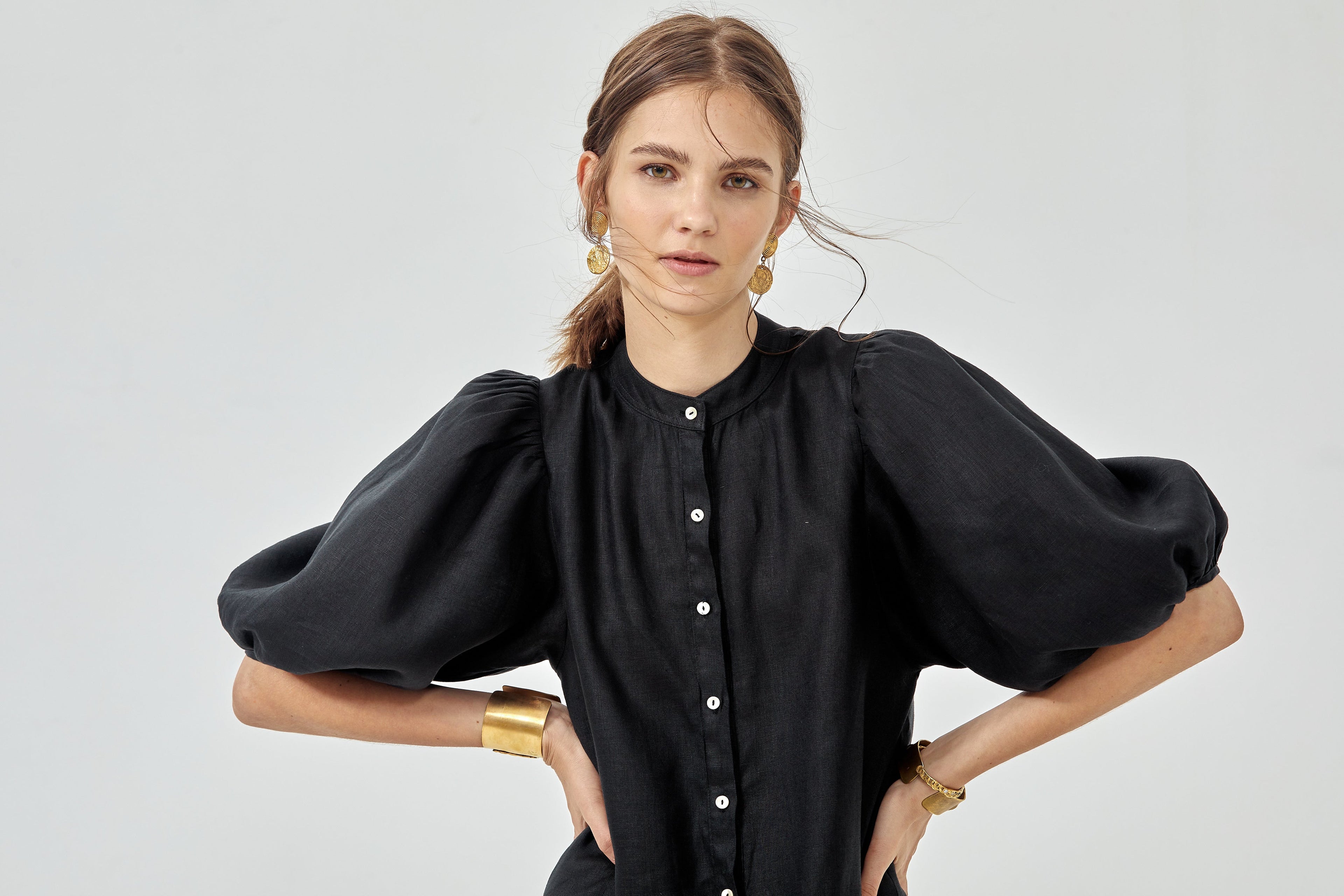 Bubble Linen Dress - Black 100% Organic Linen A-Line Silhouette
