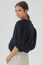 Bubble Linen Shirt Black - 100% Organic Prewashed Linen Puff Sleeve