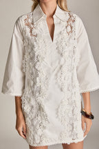 Lace Reverie Mini Dress White Cotton A-Line V-Neck Shirt Dress