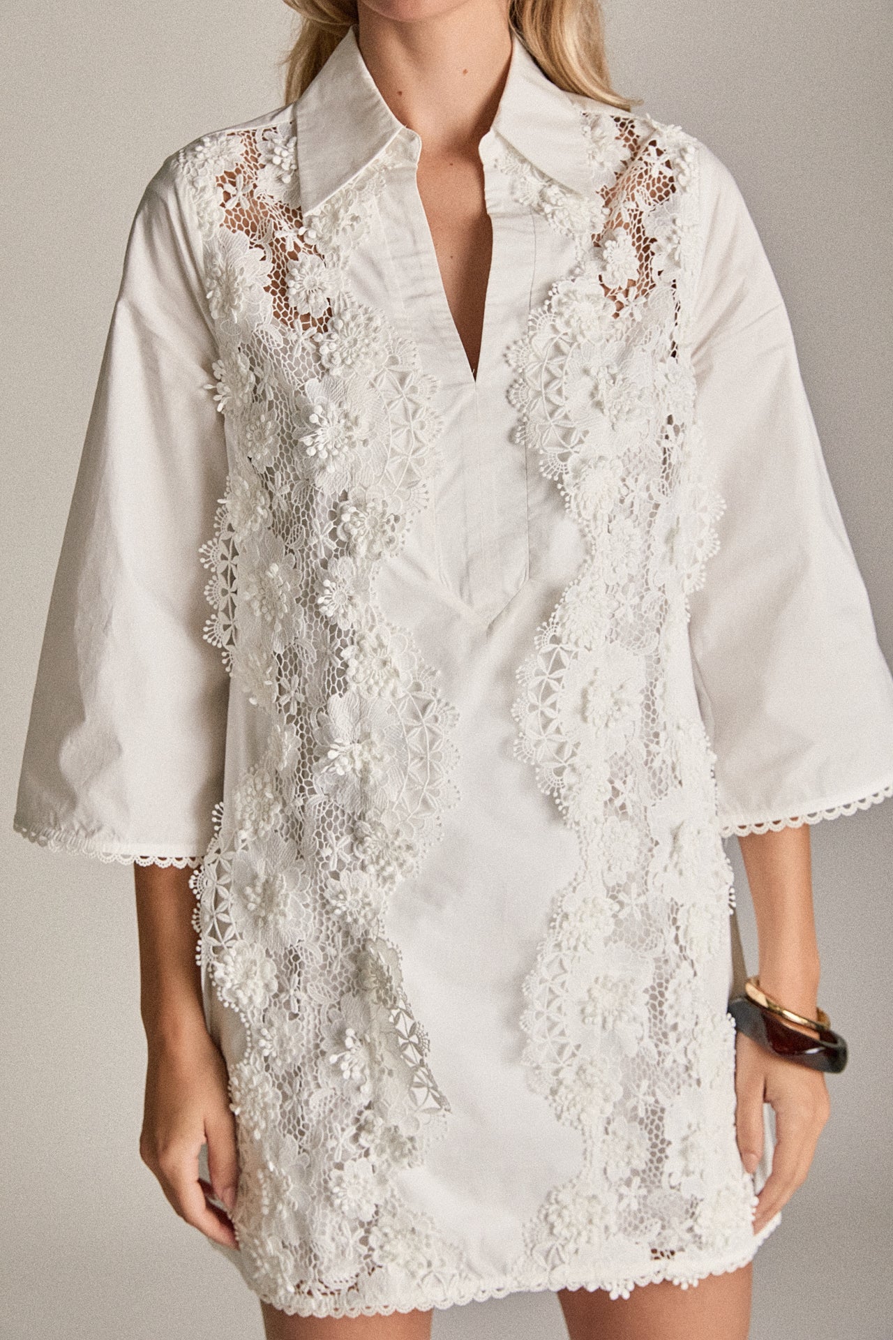 Lace Reverie Mini Dress White Cotton A-Line V-Neck Shirt Dress