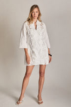 Lace Reverie Mini Dress White Cotton A-Line V-Neck Shirt Dress