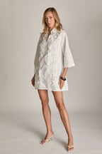 Lace Reverie Mini Dress White Cotton A-Line V-Neck Shirt Dress