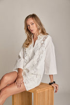 Lace Reverie Mini Dress White Cotton A-Line V-Neck Shirt Dress
