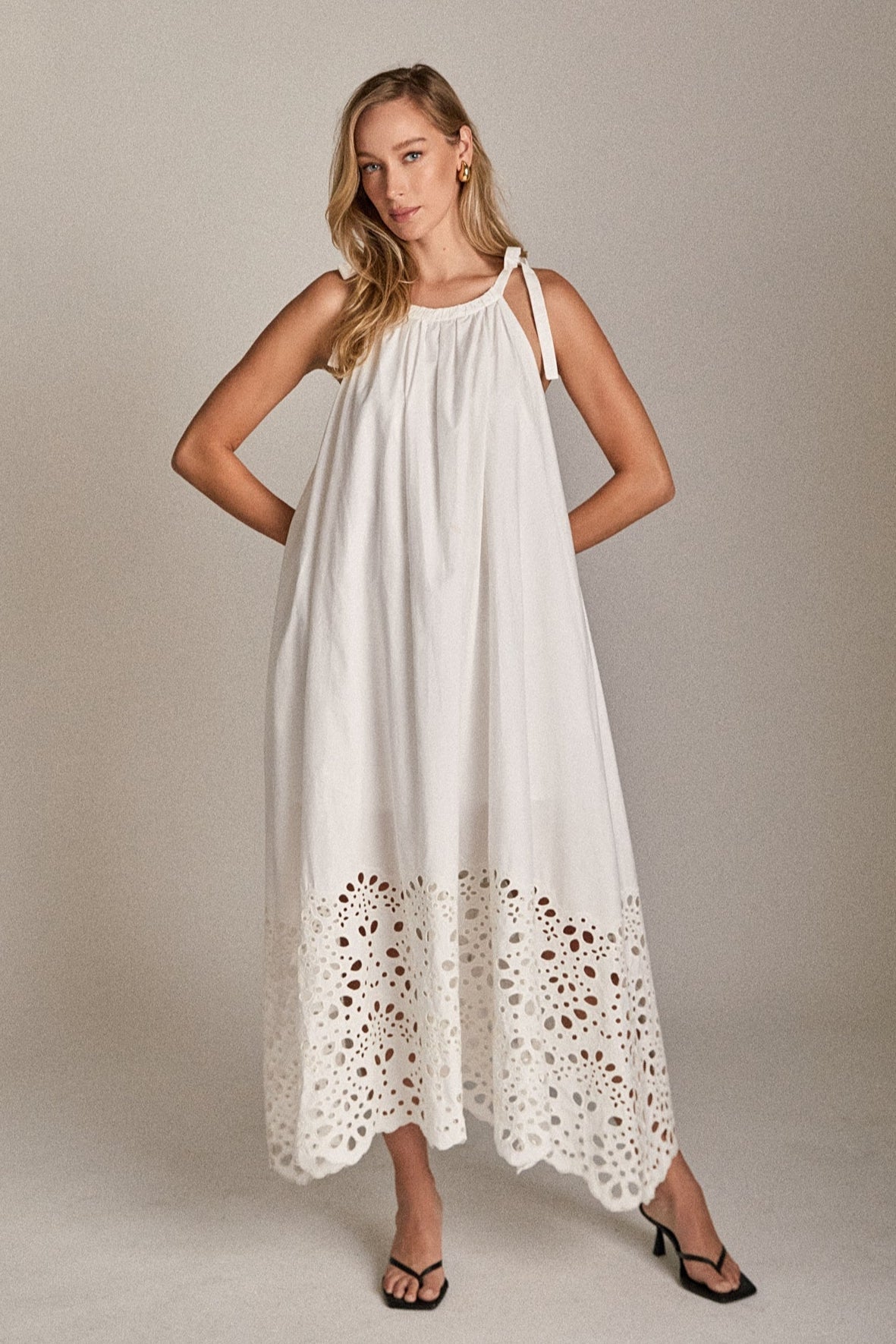 The Celine Eyelet Midi Dress Halter Scallop Hem Cotton Midi