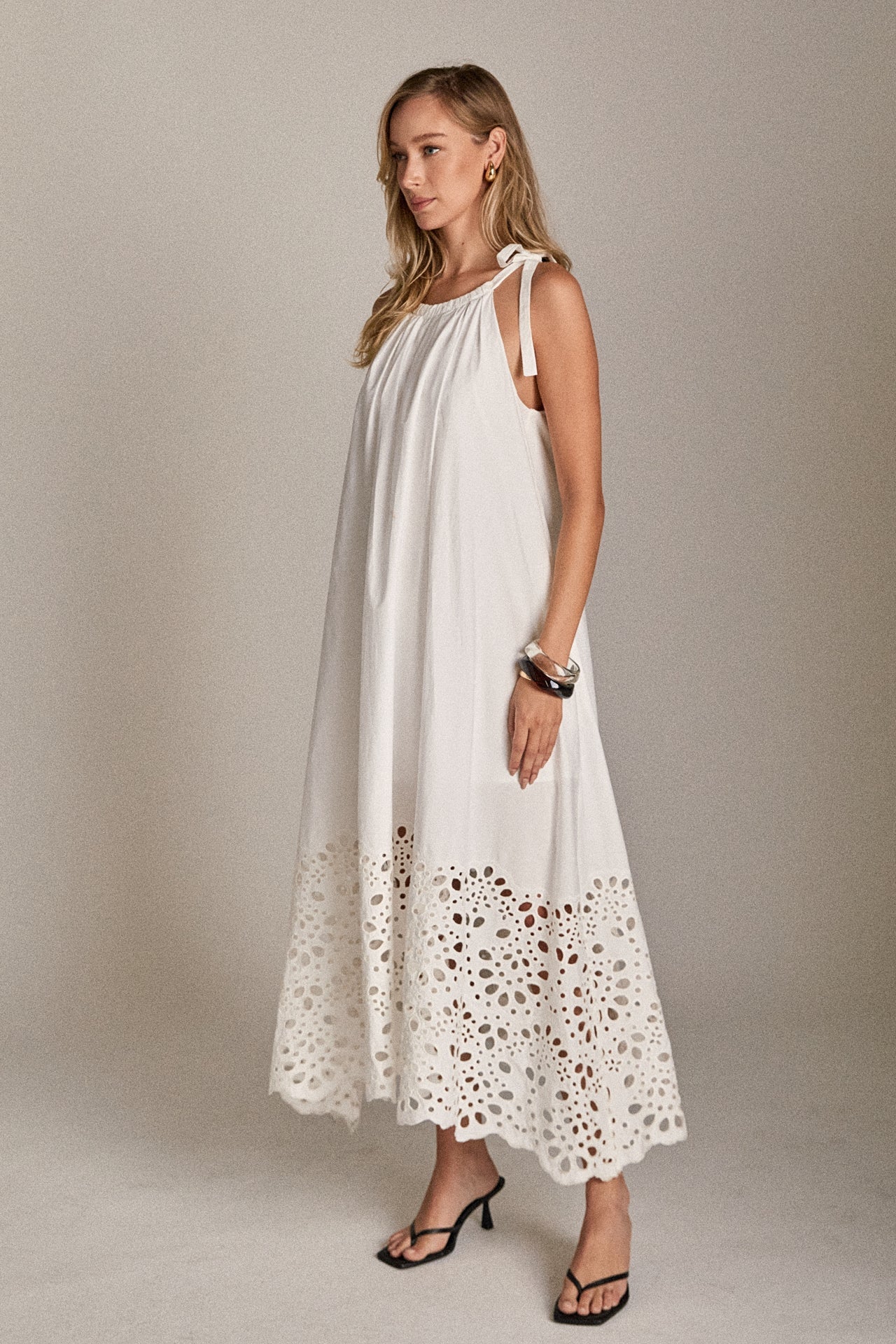The Celine Eyelet Midi Dress Halter Scallop Hem Cotton Midi