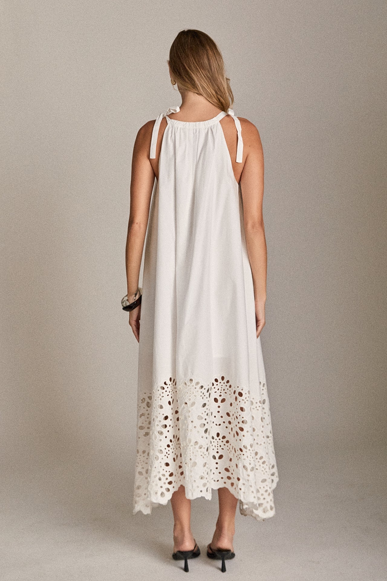 The Celine Eyelet Midi Dress Halter Scallop Hem Cotton Midi