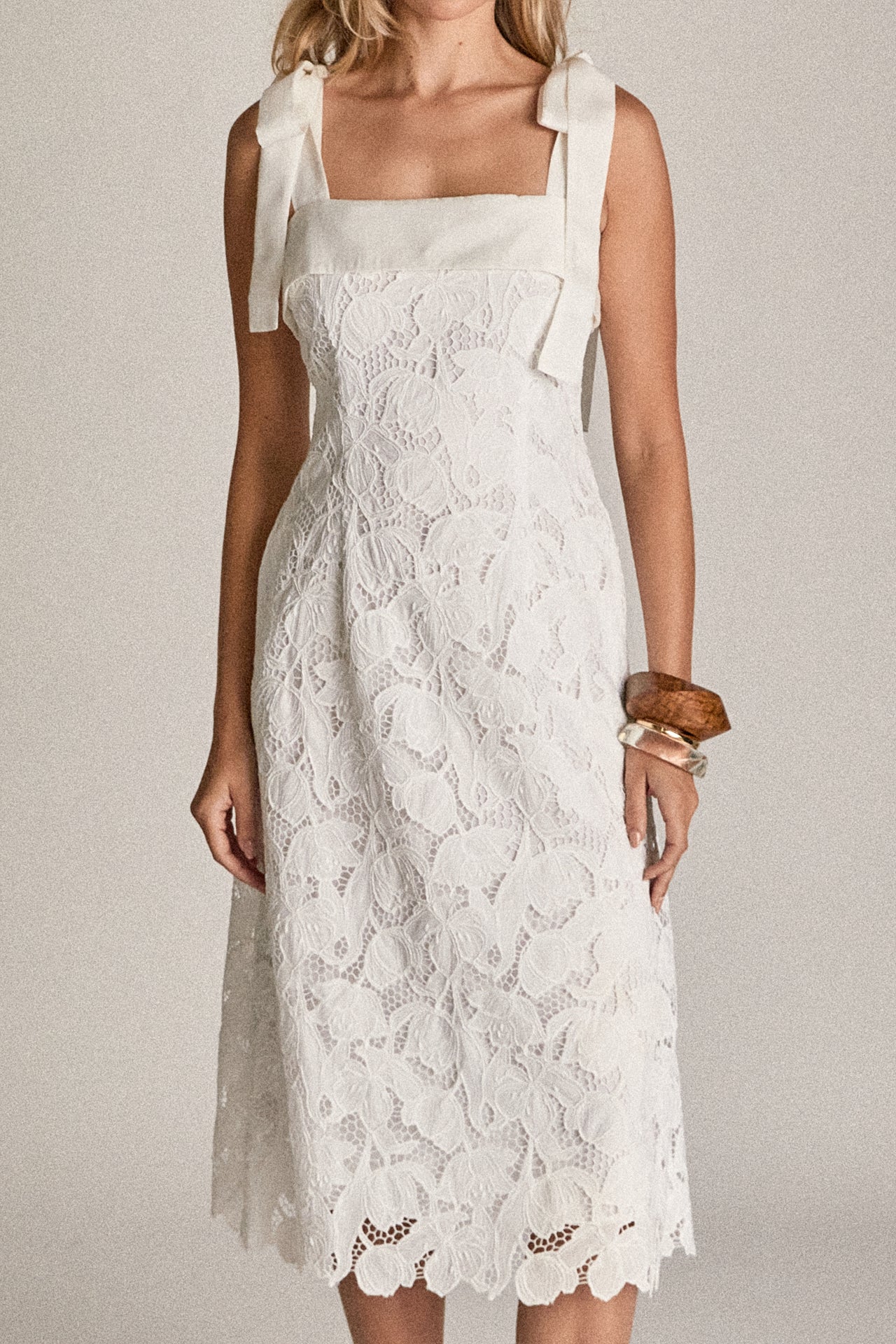Bow Belle Lace Midi Dress with Tie Straps, Pockets, Lining