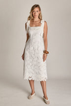 Bow Belle Lace Midi Dress with Tie Straps, Pockets, Lining