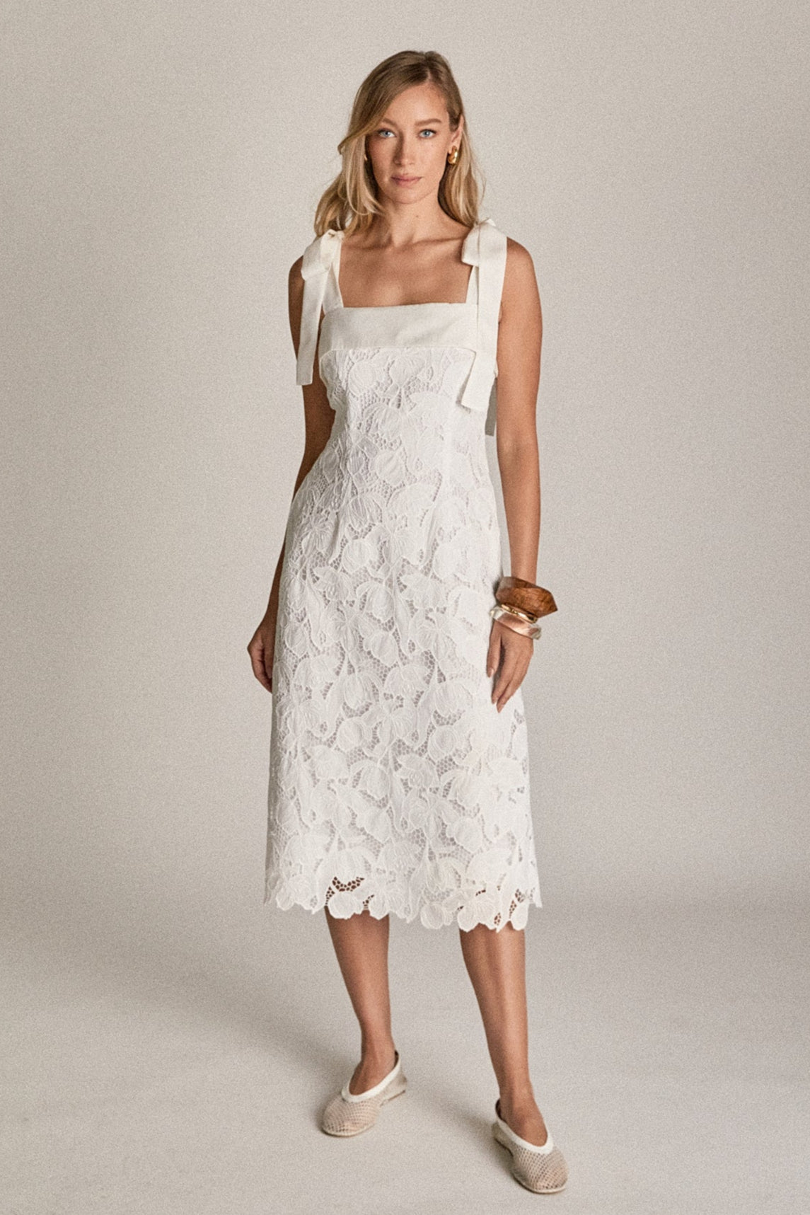 Bow Belle Lace Midi Dress with Tie Straps, Pockets, Lining