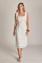Bow Belle Lace Midi Dress with Tie Straps, Pockets, Lining