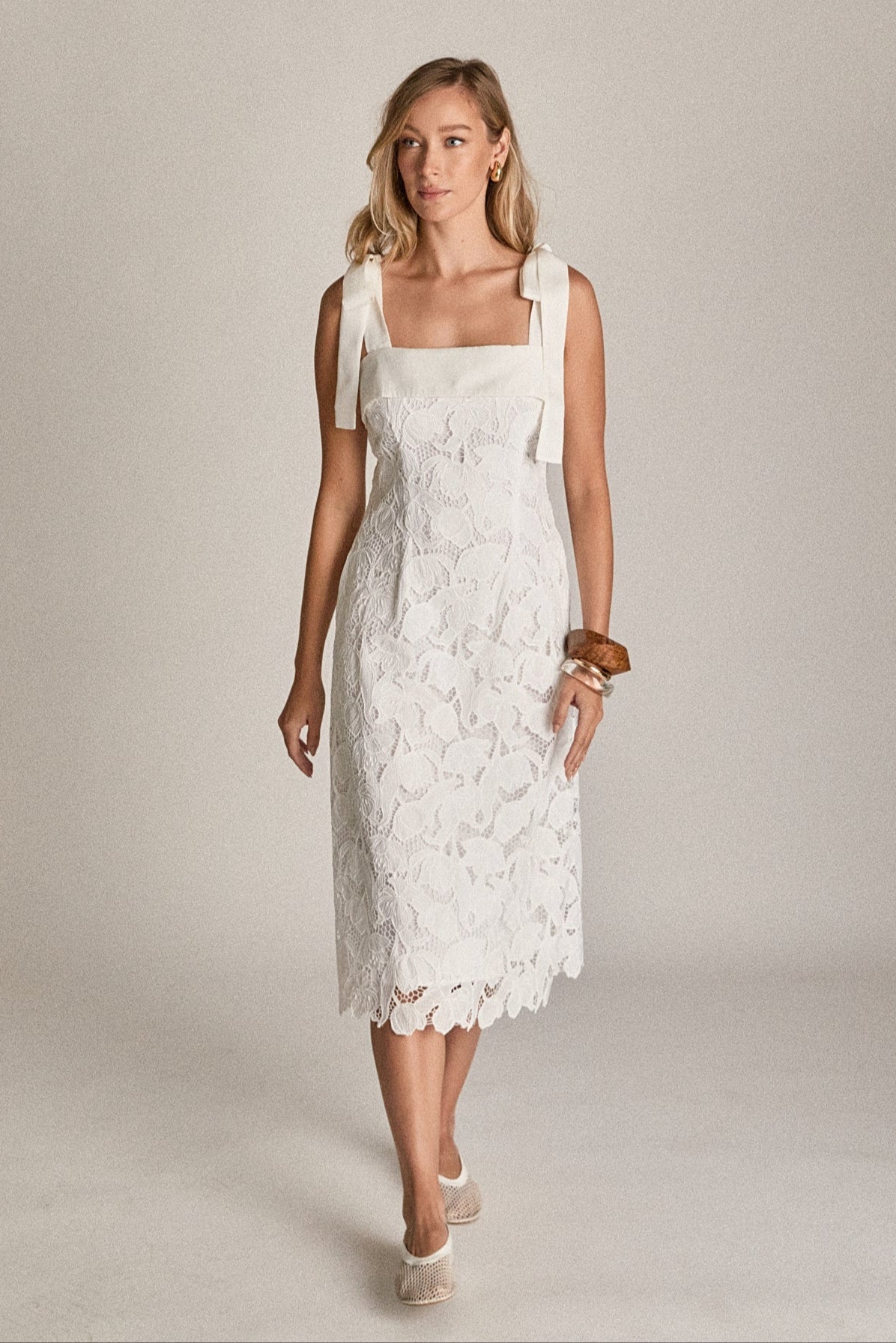 Bow Belle Lace Midi Dress with Tie Straps, Pockets, Lining