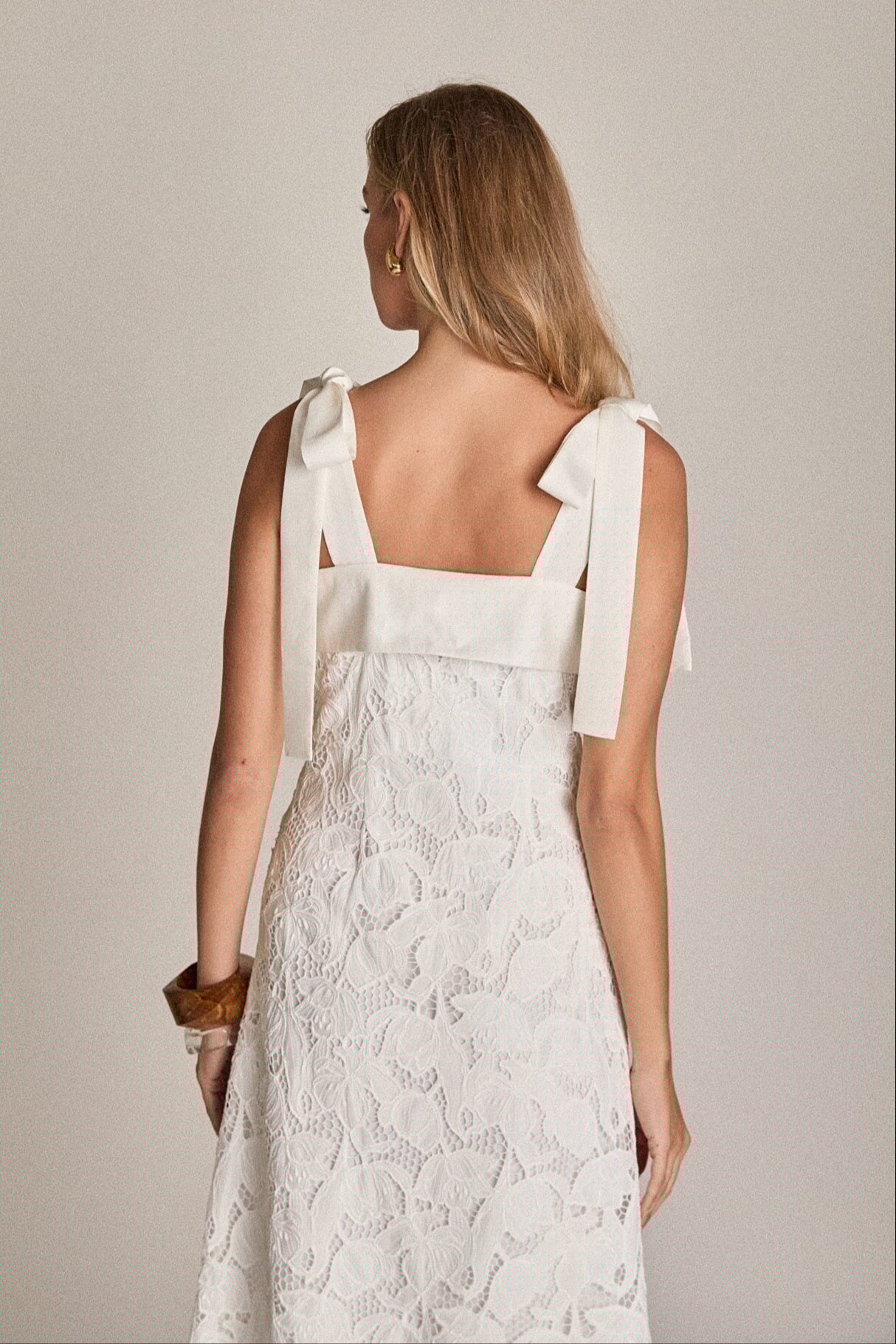 Bow Belle Lace Midi Dress with Tie Straps, Pockets, Lining