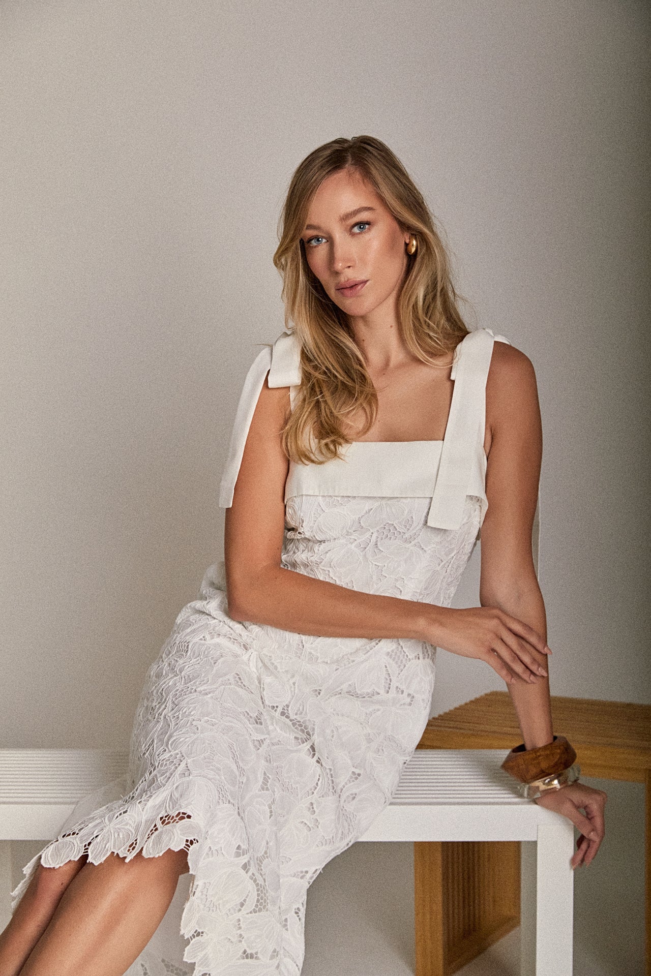 Bow Belle Lace Midi Dress with Tie Straps, Pockets, Lining
