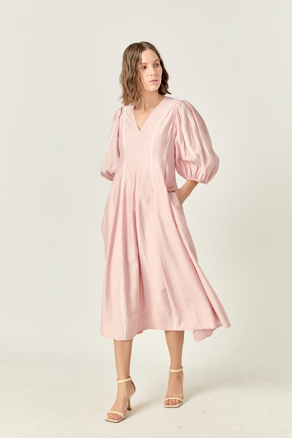 ENGLISH FACTORY V Neck Contrast Binding Midi Dress, Lined