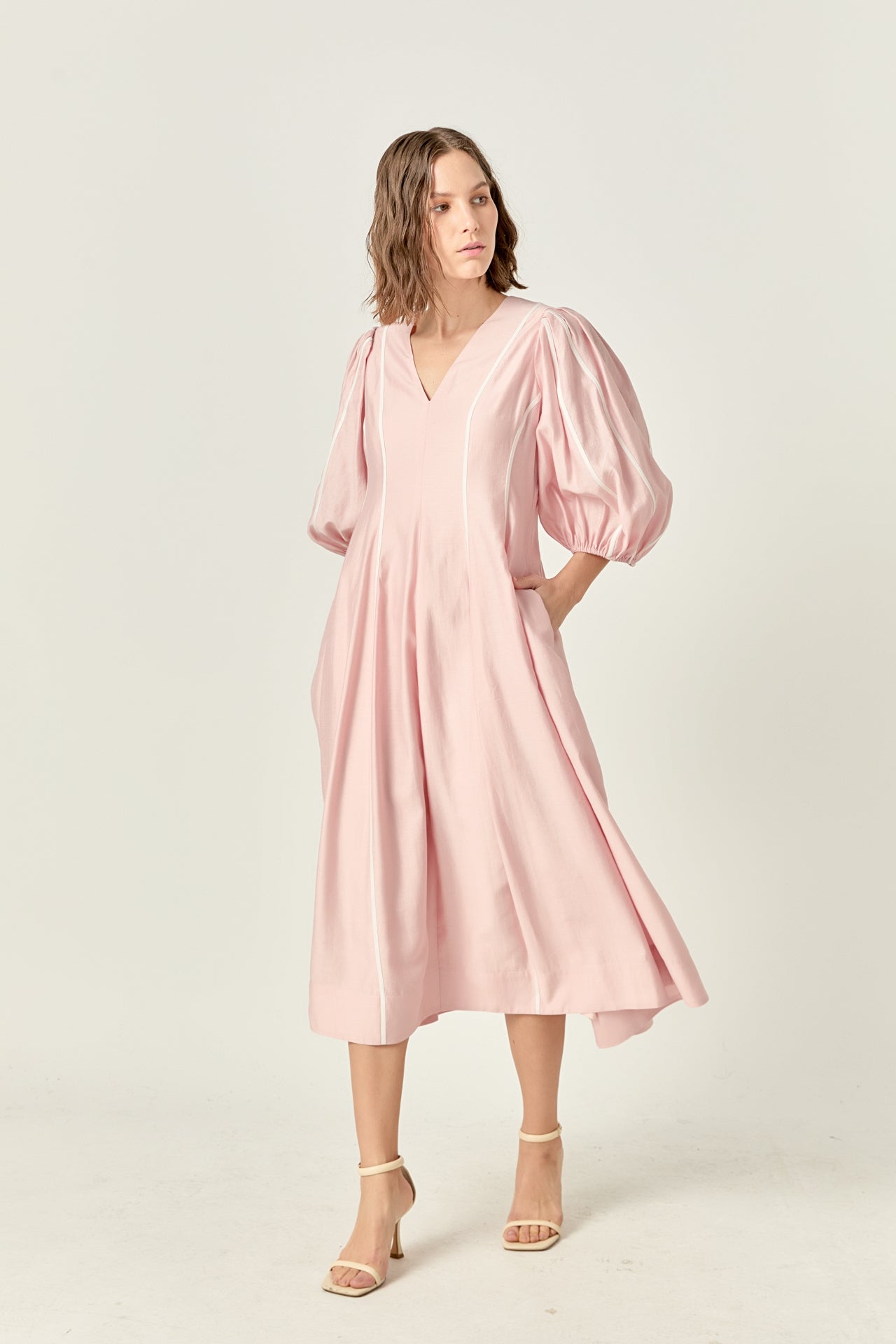 ENGLISH FACTORY V Neck Contrast Binding Midi Dress, Lined