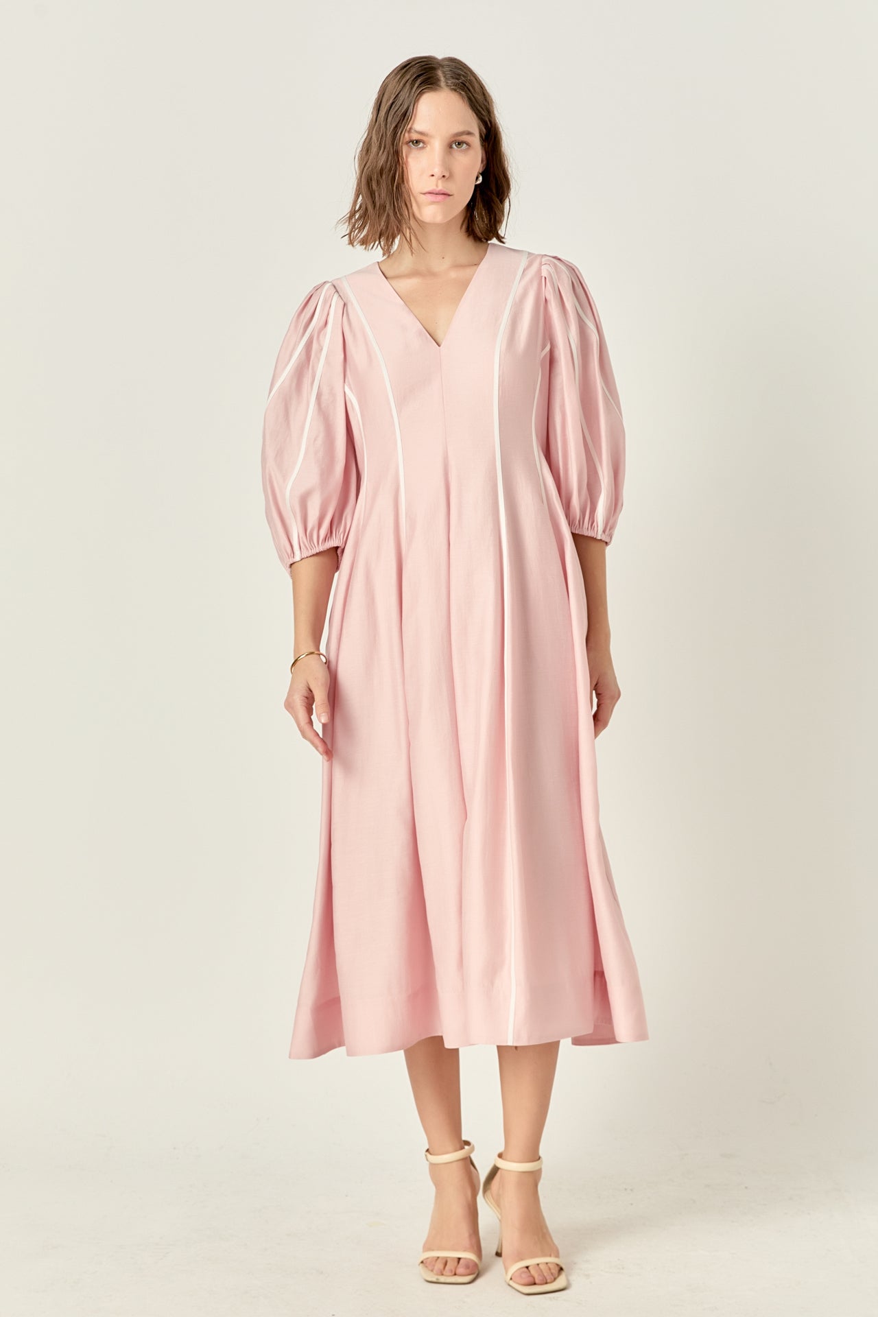 ENGLISH FACTORY V Neck Contrast Binding Midi Dress, Lined