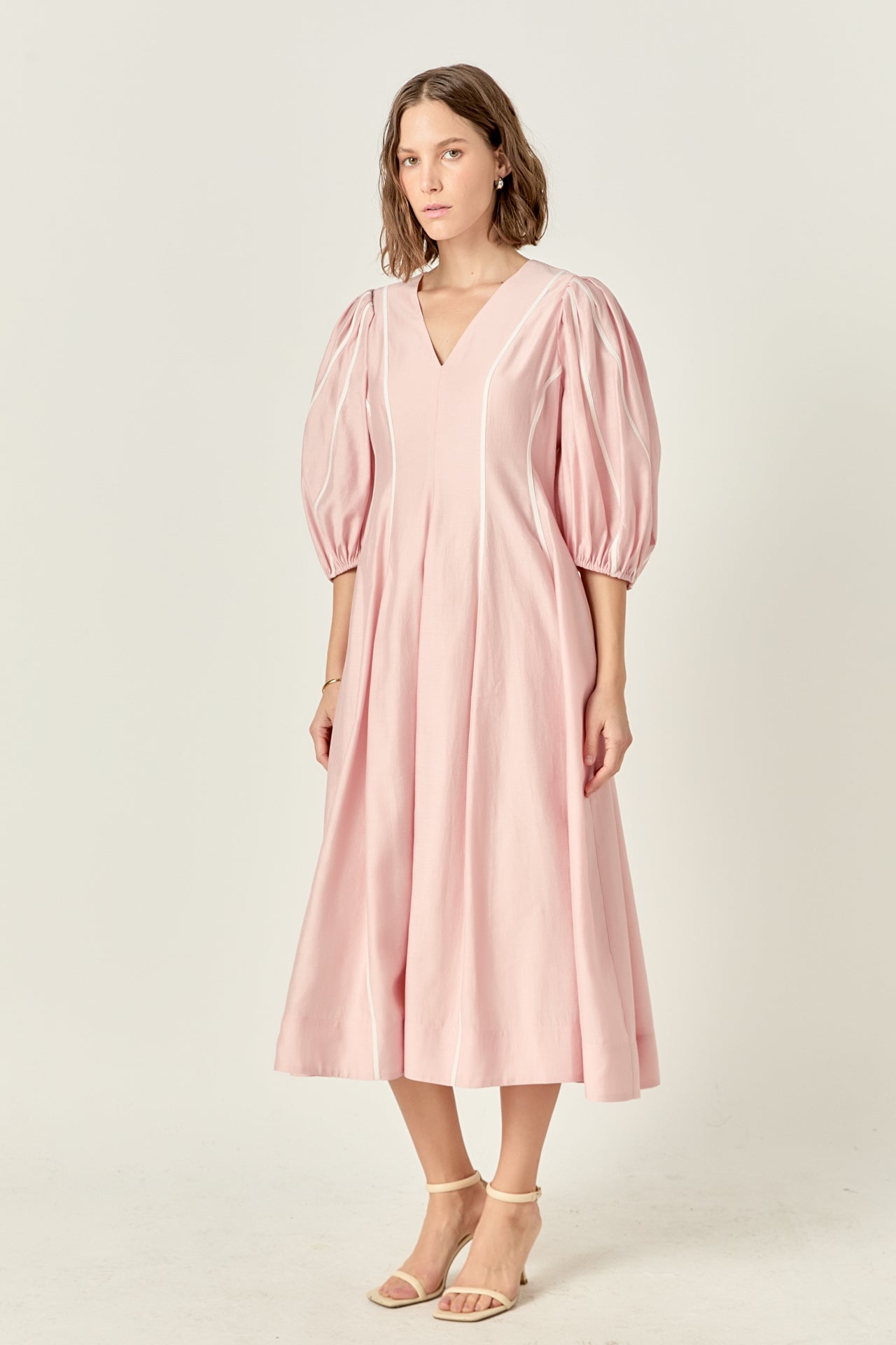 ENGLISH FACTORY V Neck Contrast Binding Midi Dress, Lined