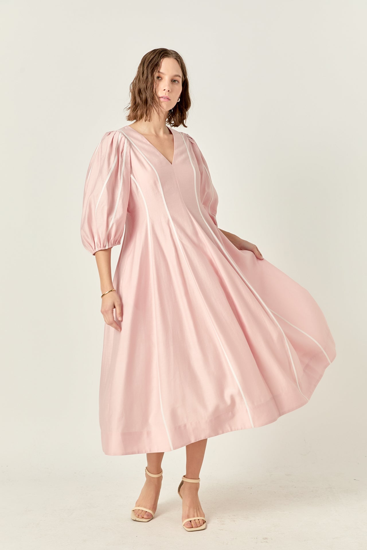 ENGLISH FACTORY V Neck Contrast Binding Midi Dress, Lined