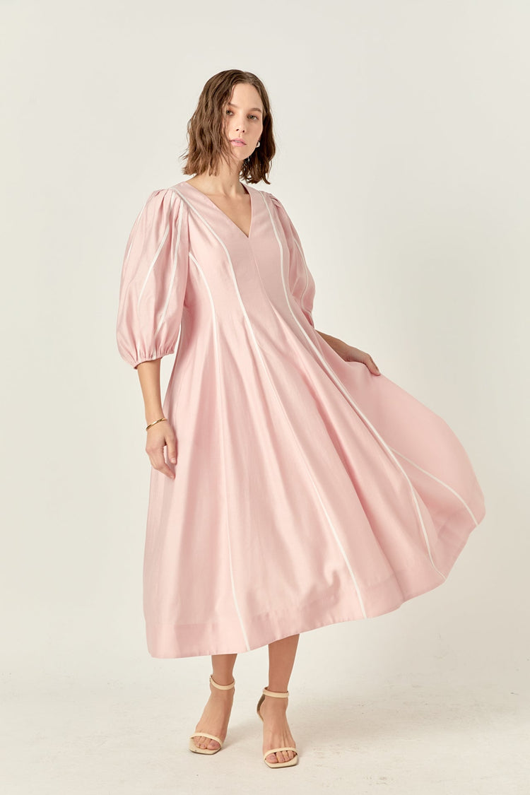 ENGLISH FACTORY V Neck Contrast Binding Midi Dress, Lined - PINK / XS ENGLISH FACTORY V Neck Contrast Binding Midi Dress, Lined - PINK / XS