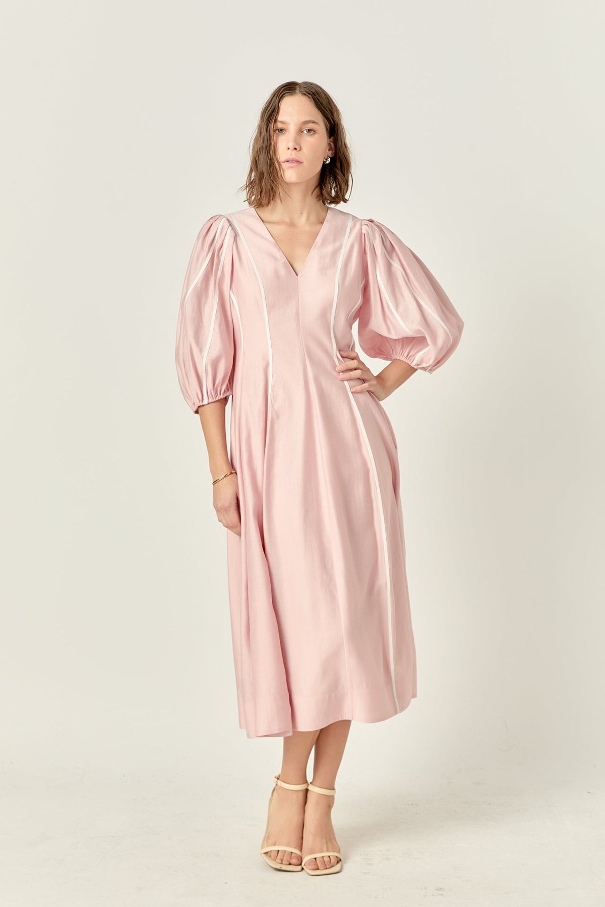 Contrast-Binding V-Neck Midi Dress by English Factory