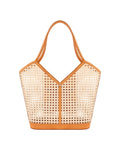Sophie Brown Handwoven Rattan Tote Bag with Leather Trim