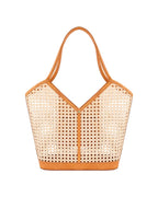Sophie Brown Handwoven Rattan Tote Bag with Leather Trim