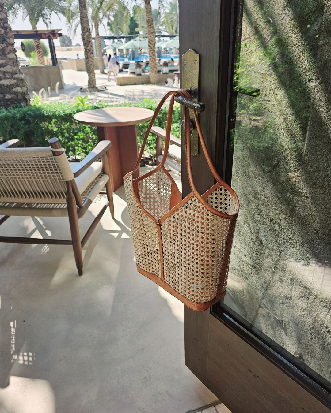 Sophie Brown Handwoven Rattan Tote Bag with Leather Trim
