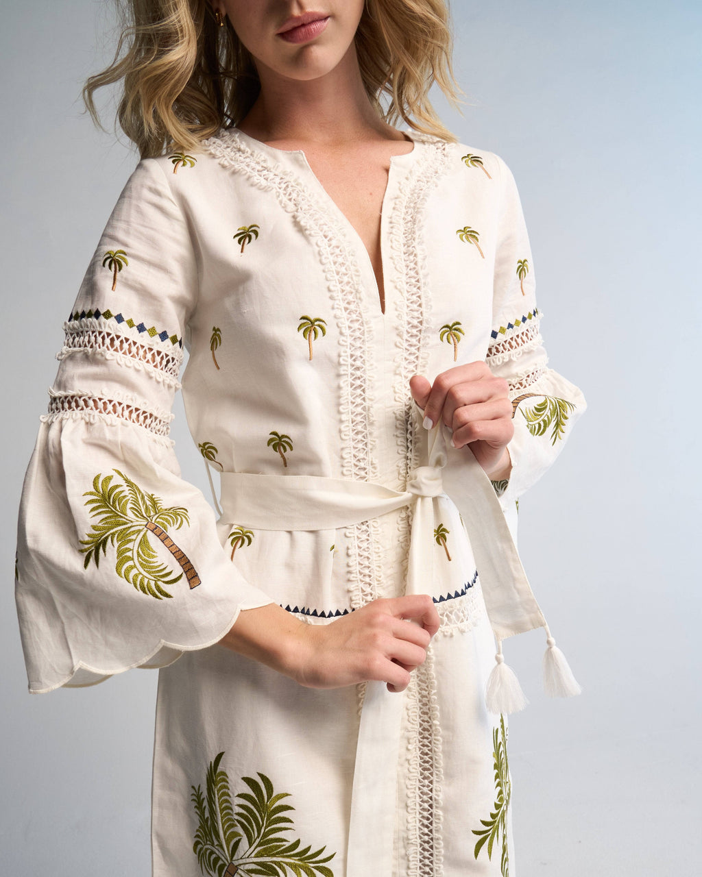 Tania Palm Dress Handmade Cotton Midi with Hand Embroidery