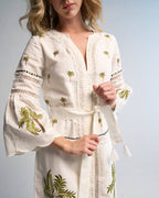 Tania Palm Dress Handmade Cotton Midi with Hand Embroidery