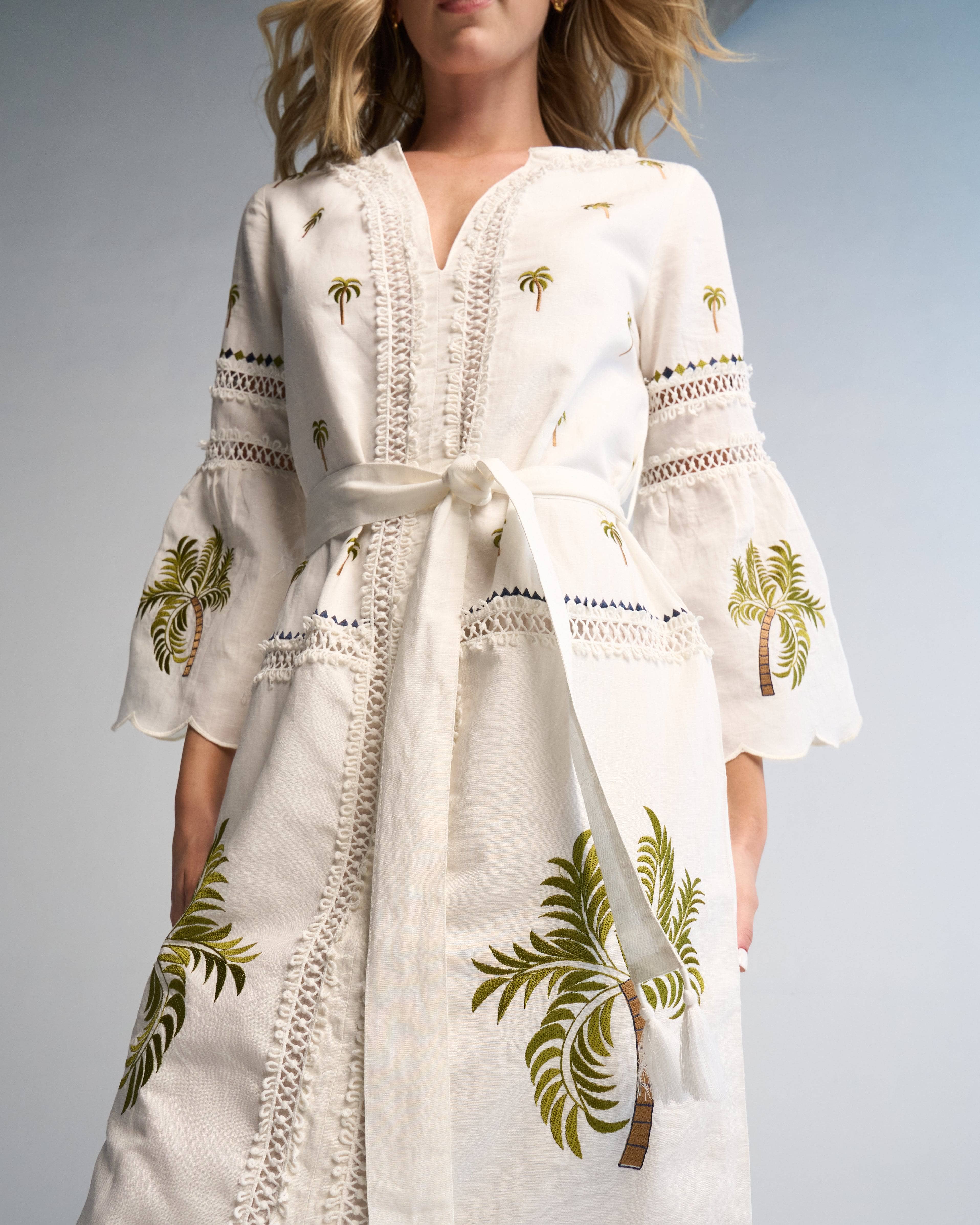 Tania Palm Dress Handmade Cotton Midi with Hand Embroidery