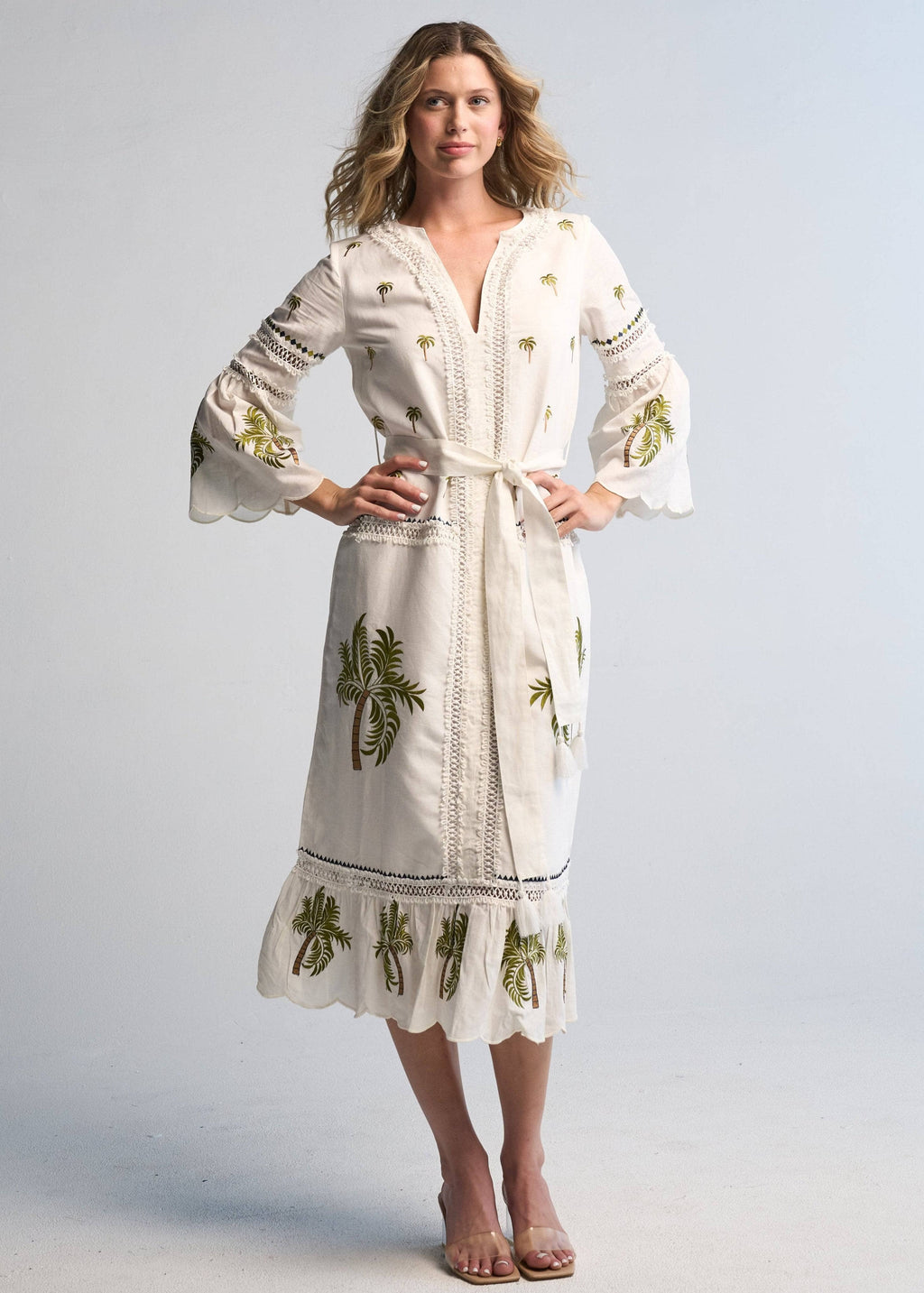 Tania Palm Dress Handmade Cotton Midi with Hand Embroidery
