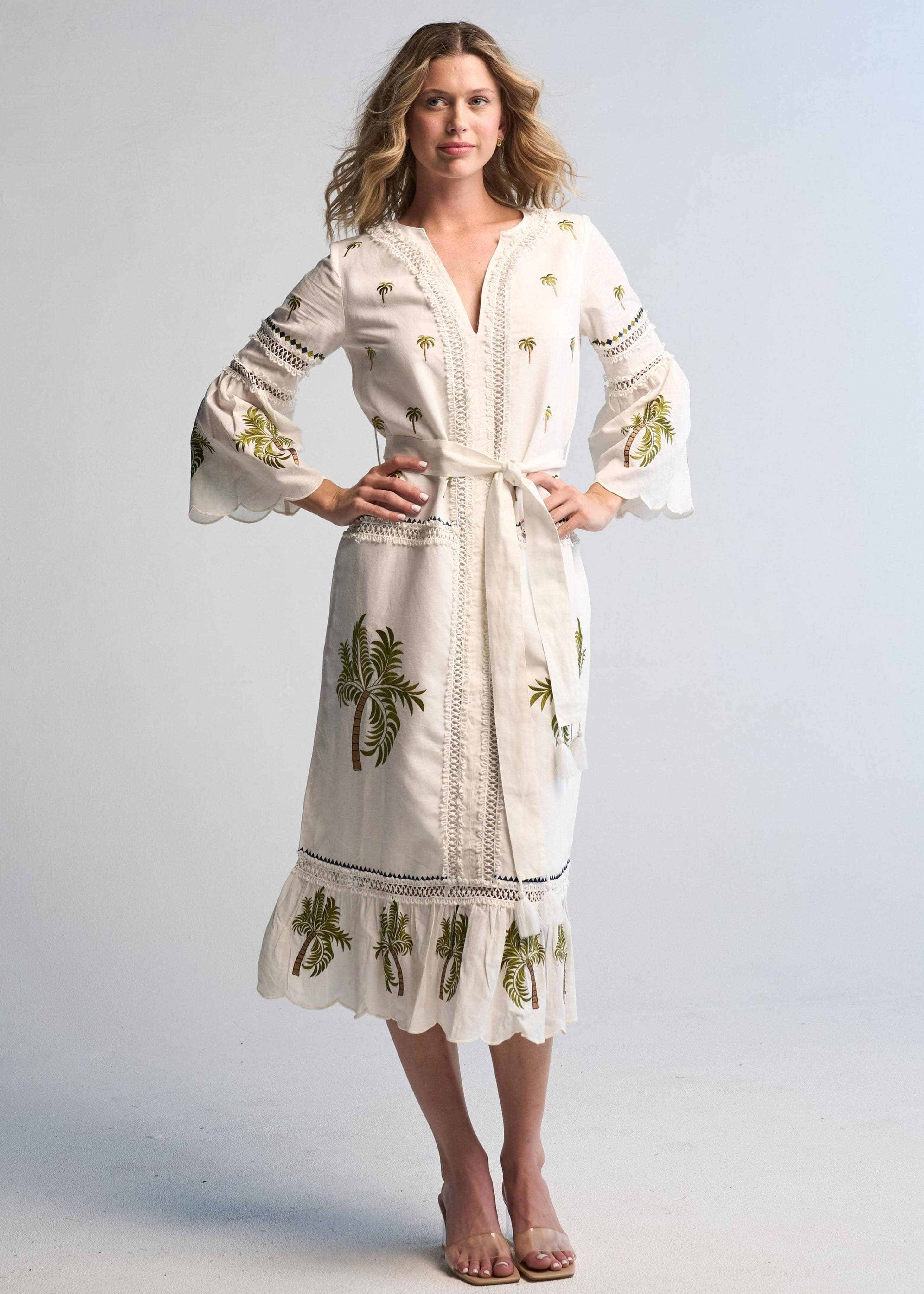 Tania Palm Dress Handmade Cotton Midi with Hand Embroidery