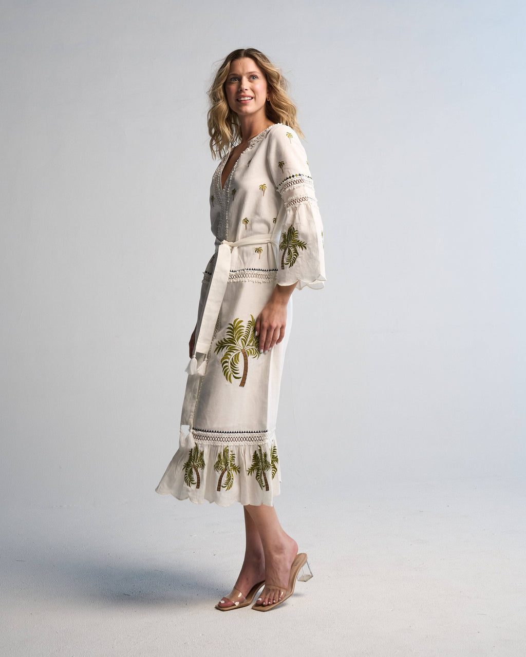 Tania Palm Dress Handmade Cotton Midi with Hand Embroidery