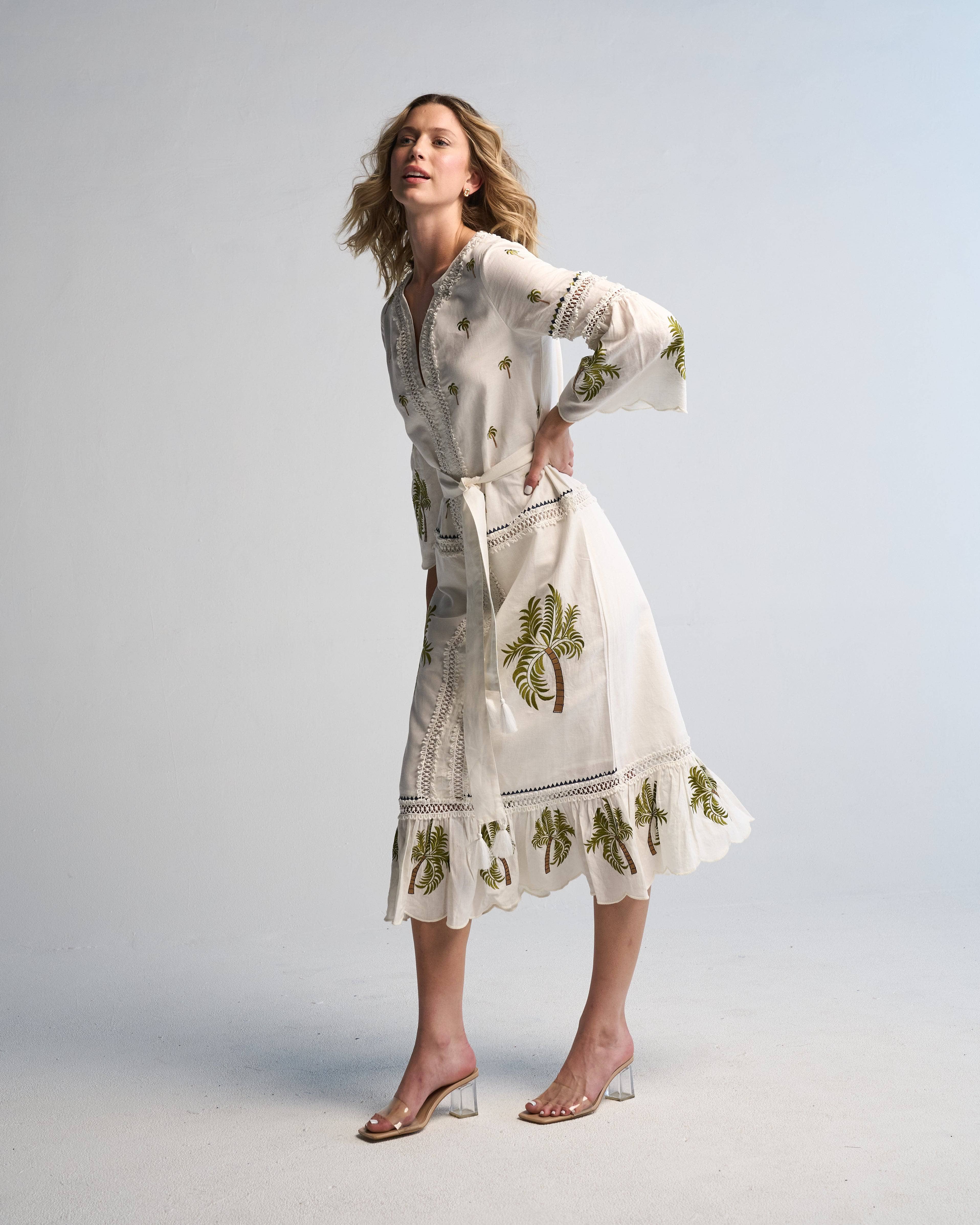 Tania Palm Dress Handmade Cotton Midi with Hand Embroidery